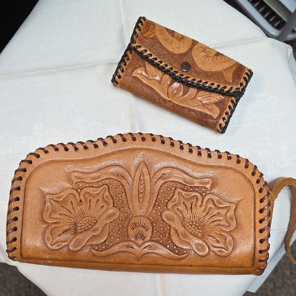 Vintage Hand Tooled Leather Wristlet  Wallet and Coin Holder Set